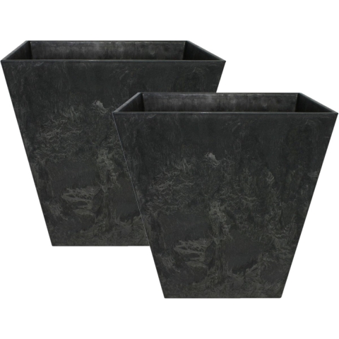 Set van 2x stuks bloempot/plantenpot vierkant van gerecycled kunststof zwart D30 en H30 cm -