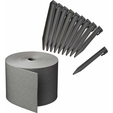 Kunststof grasrand / borderrand grijs inclusief 10x grondpennen 10 m x 15 cm -