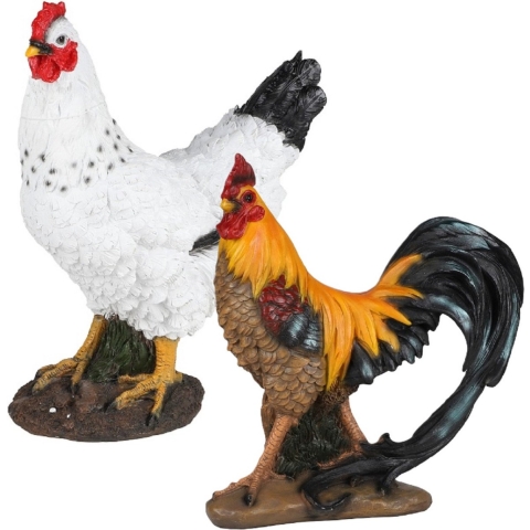 Tuin decoratie Haan en kip beeldjes - Polyresin - 36 cm - buiten - multi kleuren -