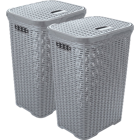 Wasmand met deksel Rotan - 2x - zilvergrijs - gevlochten kunststof - 60 liter - 34 x 43 x 62 cm -