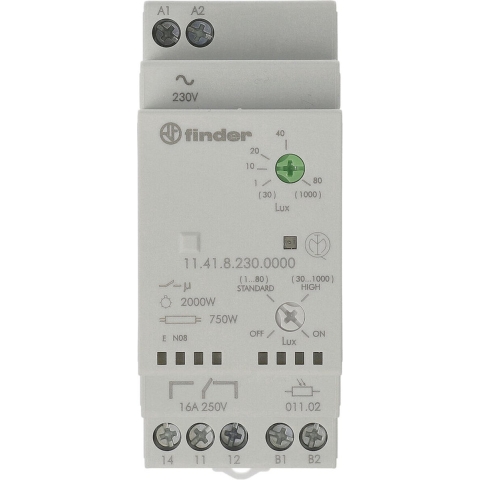 Finder 11.41.8.230.0000 Schemerschakelaar 1 stuk(s) Voedingsspanning (num):230 V/AC Lichtgevoeligheid: 1, 30 - 80, 1000 lx, lx 1x wisselcontact