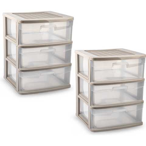 Ladeblokje/bureau organizer - 2x - 3 lades - transparant/beige - L39 x B40 x H49 cm - plastic -