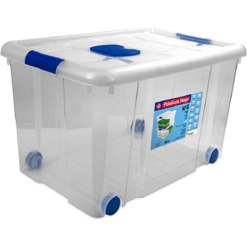 5x Opbergboxen/opbergdozen met deksel en wieltjes 55 liter kunststof transparant/blauw -