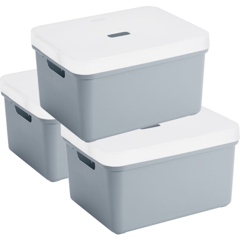 3x Sunware opbergbox/mand 32 liter blauwgrijs kunststof met transparante deksel -