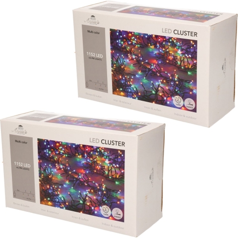 Set van 2x stuks clusterverlichting gekleurd buiten 1152 lampjes met timer kerstverlichting -