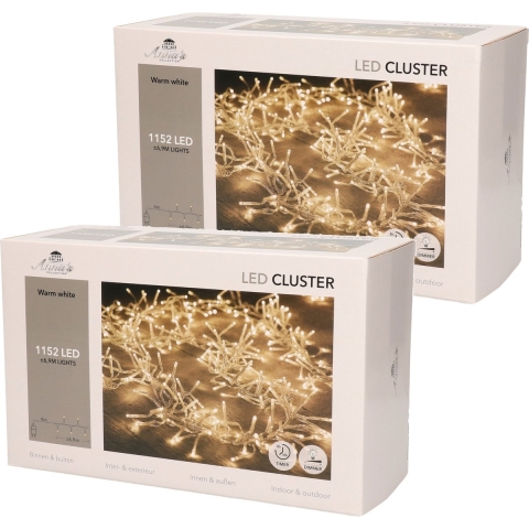 Set van 2x stuks clusterverlichting warm wit buiten 1152 lampjes met timer kerstverlichting -
