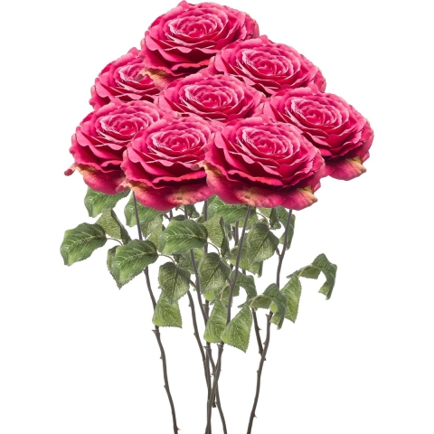 Kunstbloemen boeket Roos Laurie - 8x - 57 cm - fuchsia - Kunst zijdebloemen -