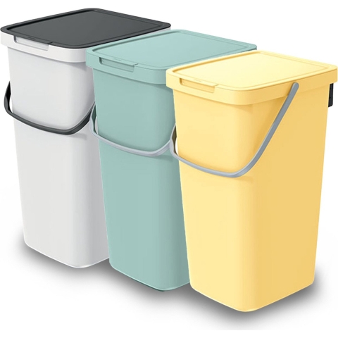 GFT/rest afvalbakken set - 3x - 25L - geel/groen/wit - 26 x 29 x 48 cm - afval scheiden -