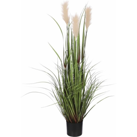 Kunstgras/gras kunstplant met pluimen - groen/creme H120 x D45 cm - op stevige plug -