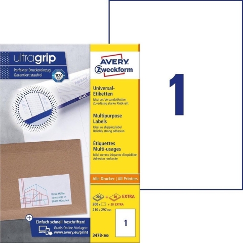 Avery-Zweckform 3478-200 Universele etiketten 210 x 297 mm Papier Wit 200 stuk(s) Permanent hechtend Laser (kleur), Laser (zwart/wit), Kopiëren (kleur),