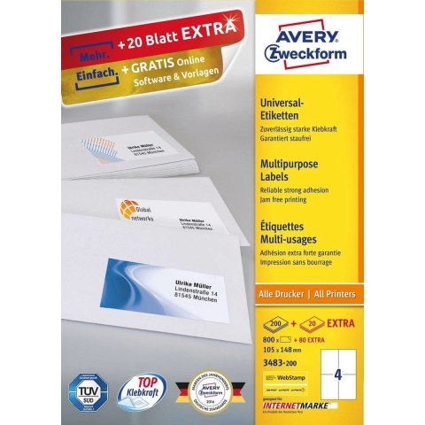 Avery-Zweckform 3483-200 Universele etiketten 105 x 148 mm Papier Wit 880 stuk(s) Permanent hechtend Inkjet, Laser (zwart/wit), Laser (kleur), Kopiëren