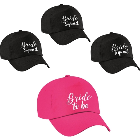Vrijgezellenfeest dames petjes pakket sierlijk - 1x Bride to Be roze + 5x Bride Squad zwart -