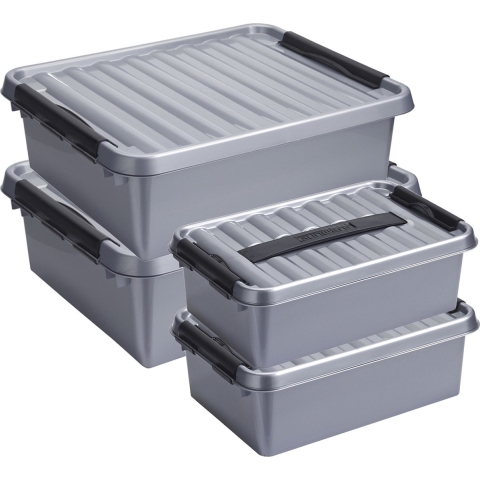 Opberg boxen set 4x stuks 12 en 25 liter kunststof grijs met deksel -