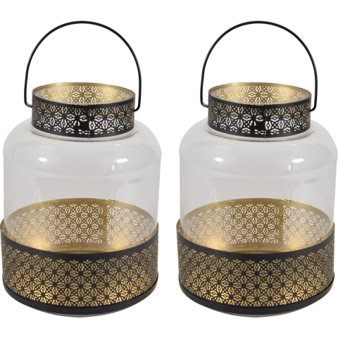 2x stuks lantaarns/windlichten zwart/goud Arabische stijl 20 x 28 cm metaal en glas -