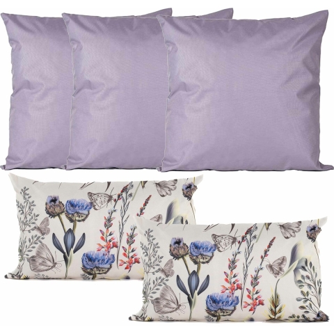 Bank/tuin kussens set - binnen/buiten - 5x stuks - lila/tropical summer print - In 2 formaten -