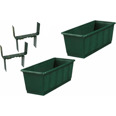 Set van 4 kunststof plantenbakken donkergroen rechthoekig 60 cm met 8 verstelbare balkon/muurbeugels -
