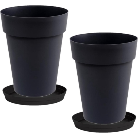 Set van 3x stuks bloempotten Toscane kunststof zwart D44 x H53 cm inclusief onderschalen D35 cm -