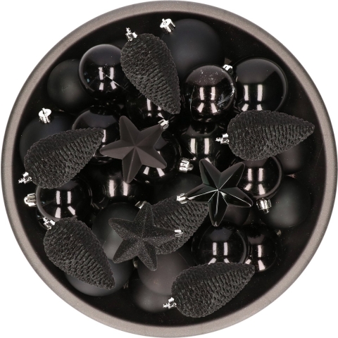 Kerstversiering kunststof kerstballen zwart 6-8-10 cm pakket van 62x stuks -