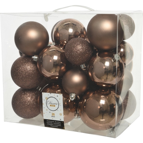 52x stuks kunststof kerstballen walnoot bruin 6-8-10 cm glans/mat/glitter -