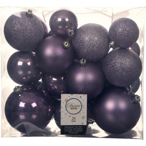 52x stuks kunststof kerstballen heide lila paars 6-8-10 cm glans/mat/glitter -