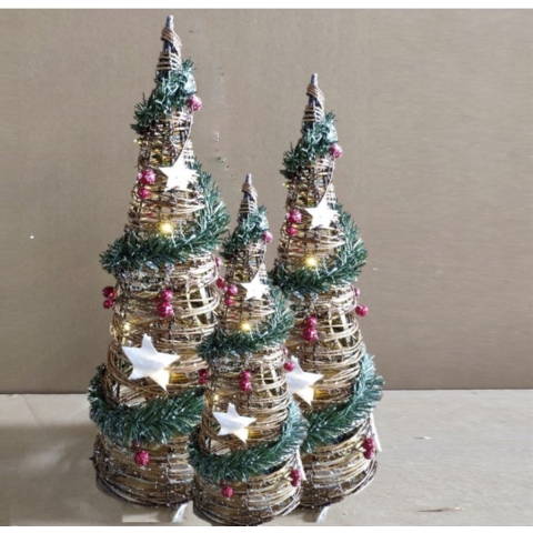 LED kegels/piramide kerstboom lampen - set 3x st - 40,60,80 cm -rotan -met licht -