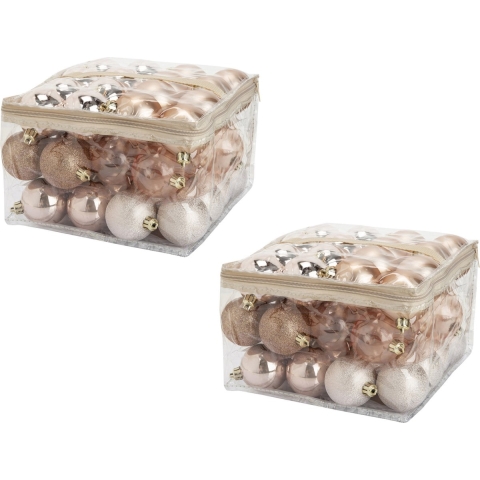 96x stuks kunststof kerstballen roze 6 cm in opbergtassen/opbergboxen -
