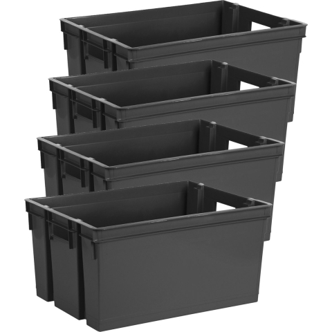 Opbergbox/opbergkrat 50 L - 4x - zwart - kunststof - 56 x 41 x 29 cm - stapelbaar/nestbaar -