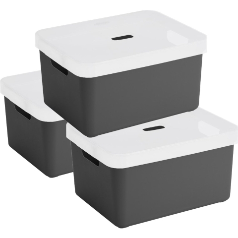 3x Sunware opbergbox/mand 32 liter antraciet grijs kunststof met transparante deksel -