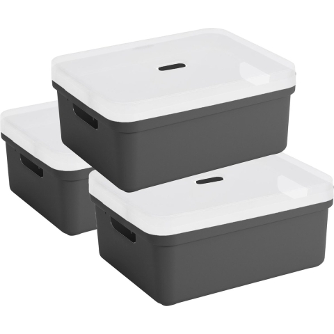 3x Sunware opbergbox/mand 24 liter antraciet grijs kunststof met transparante deksel -