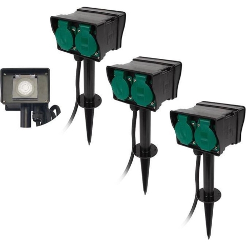 3x Tuinstekkerdozen / tuincontactdozen op spies met timer spatwaterdicht 1.5 meter -