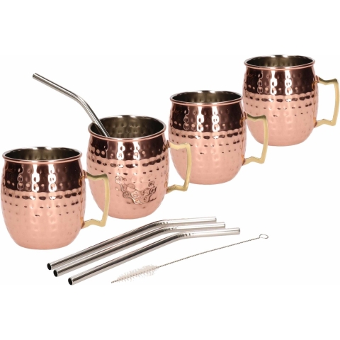 4x Cocktailbeker/cocktailglas Moscow Mule set gehamerd koper 450 ml met RVS rietjes -