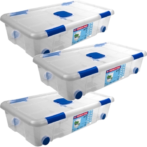 5x Opbergboxen/opbergdozen met deksel en wieltjes 30 liter kunststof transparant/blauw -