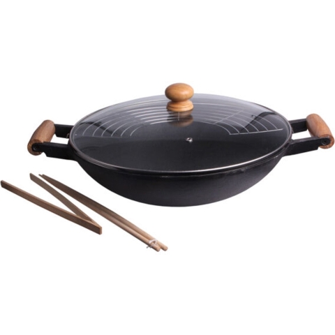 Wokpan set gietijzer/hout - 5-delig - zwart - 47 x 39 cm -