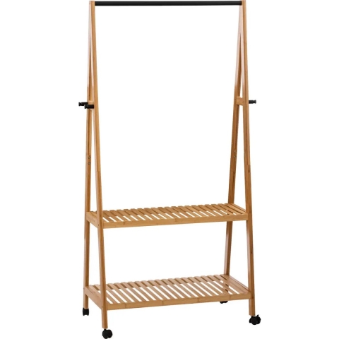 Kledingrek met planken en hangstang - op wielen - bamboe hout - lichtbruin - B80 x D43 x H163 cm -