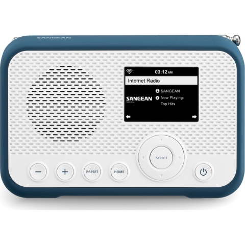 Sangean WFR-39 Zakradio met internetradio Internet, DAB, VHF (FM) Internetradio, FM, WiFi Spotify, Wekfunctie, Oplaadbaar Wit, Blauw