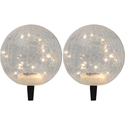 Set van 2x stuks solar tuinlampen/prikspots glazen craquele bol op zonne-energie 20 cm -