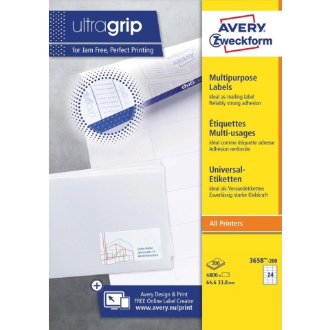 Avery-Zweckform 3658-200 Universele etiketten 64.6 x 33.8 mm Papier Wit 4800 stuk(s) Permanent hechtend Laser (kleur), Laser (zwart/wit), Kopiëren (kleur),