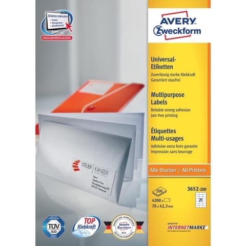 Avery-Zweckform 3652-200 3652-200 ( 70 x 42.3 mm ),Wit, 4620 stuk(s), Permanent hechtend