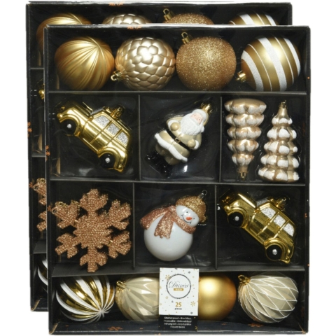 50x stuks kerstballen en kersthangers figuurtjes goud met wit kunststof -