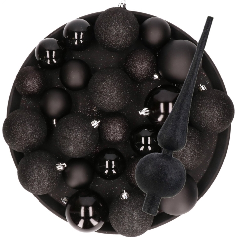 Zwarte Kerstversiering set piek met kerstballen 6 - 8 - 10 cm pakket 40x stuks -