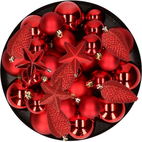 Kerstversiering kunststof kerstballen rood 6-8-10 cm pakket van 62x stuks -