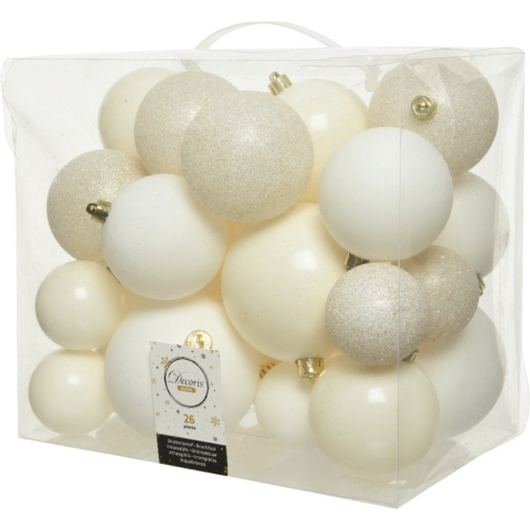 52x stuks kunststof kerstballen wol wit 6-8-10 cm glans/mat/glitter -