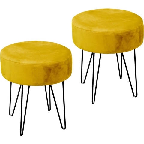 Velvet kruk Davy - 2x - oker geel - metaal/stof - D35 x H40 cm - bijzet stoeltjes -