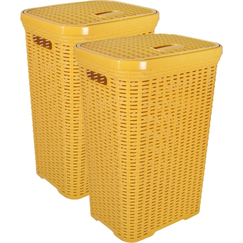 Wasmand met deksel Rotan - 2x - okergeel - gevlochten kunststof - 60 liter - 34 x 43 x 62 cm -