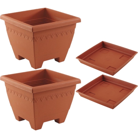 3x stuks vierkante plantenbakken terra cotta met opvangschaal 40 x 40 x 31 cm -