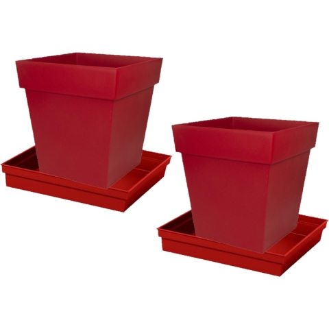 Set van 2x stuks bloempotten Toscane vierkant kunststof rood 39 x 39 x 39 cm inclusief onderschalen -