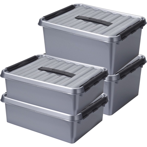 Opberg boxen set 6x stuks 10 en 15 liter kunststof grijs met deksel -