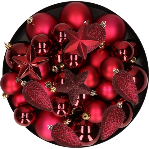 Kerstversiering kunststof kerstballen donkerrood 6-8-10 cm pakket van 62x stuks -