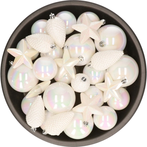 Kerstversiering kunststof kerstballen parelmoer wit 6-8-10 cm pakket van 62x stuks -