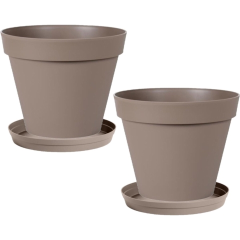 Set van 3x stuks bloempotten Toscane kunststof taupe D30 x H26 cm inclusief onderschalen D23 cm -